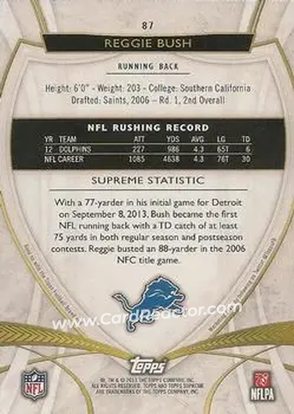 2013 Topps Supreme - Violet #87 - Reggie Bush - Detroit Lions - Back 2013 Topps Supreme - Violet #87 - Reggie Bush - Detroit Lions - Back
