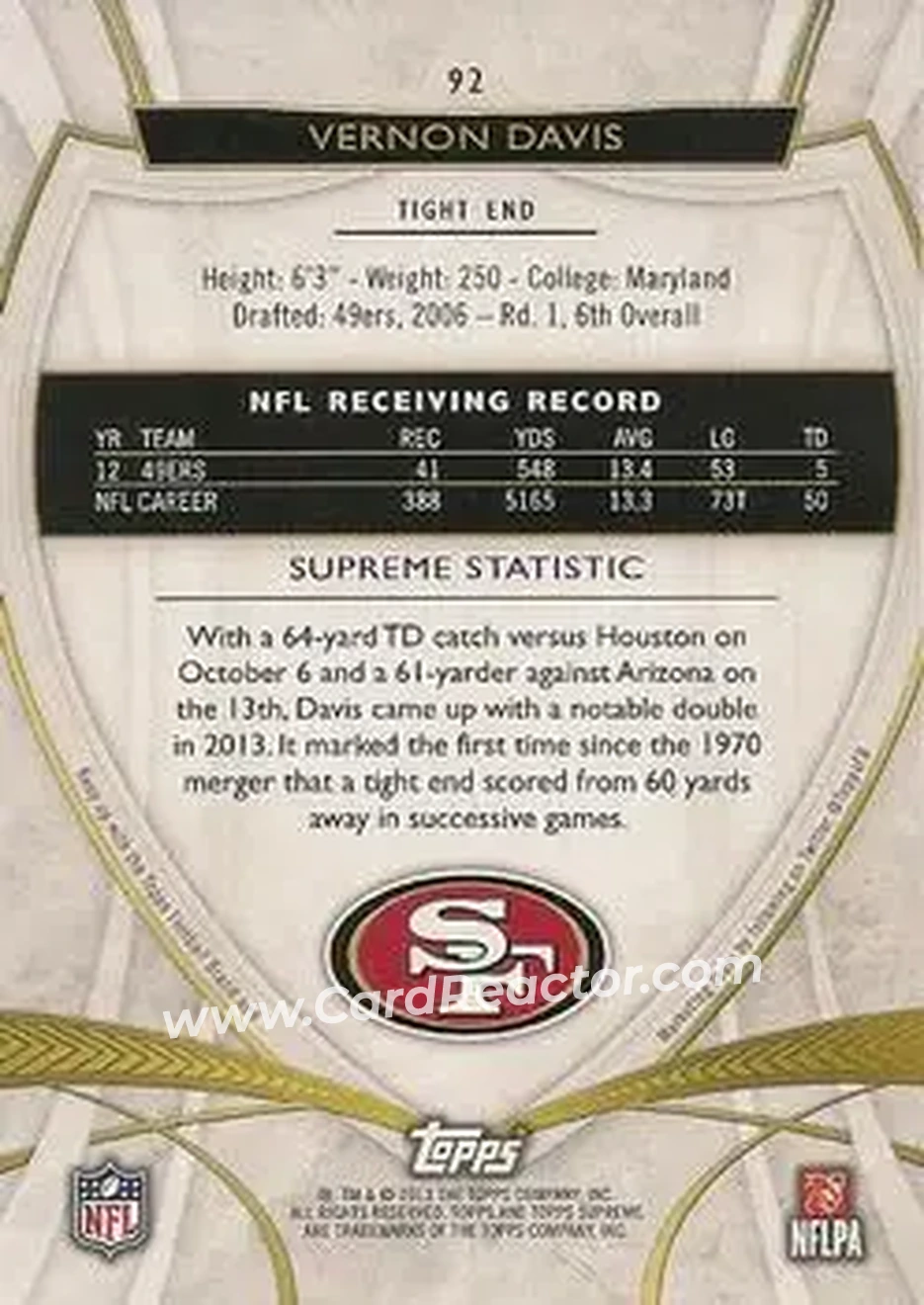 2013 Topps Supreme - Violet #92 - Vernon Davis - San Francisco 49ers - Back 2013 Topps Supreme - Violet #92 - Vernon Davis - San Francisco 49ers - Back