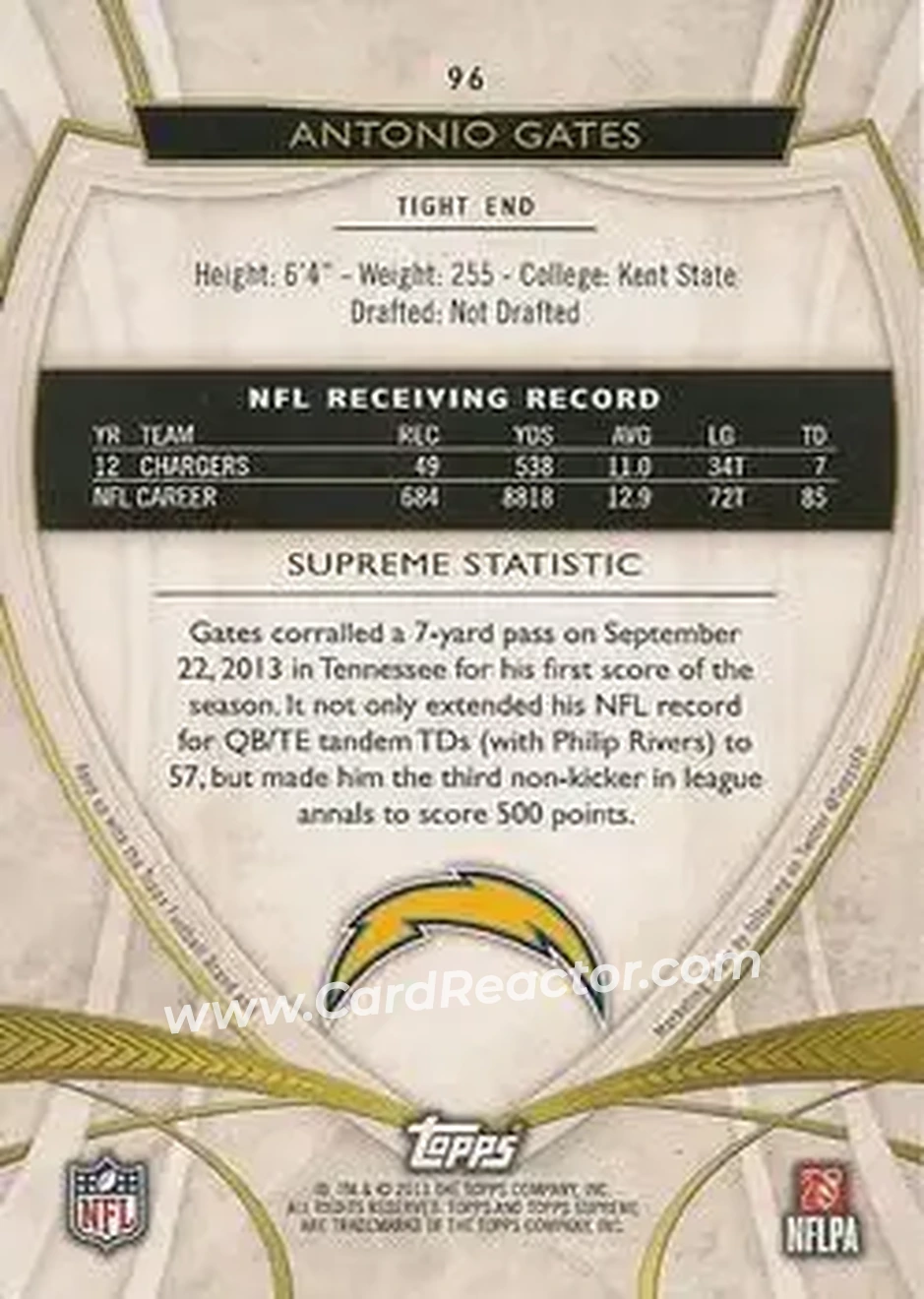 2013 Topps Supreme - Violet #96 - Antonio Gates - San Diego Chargers - Back