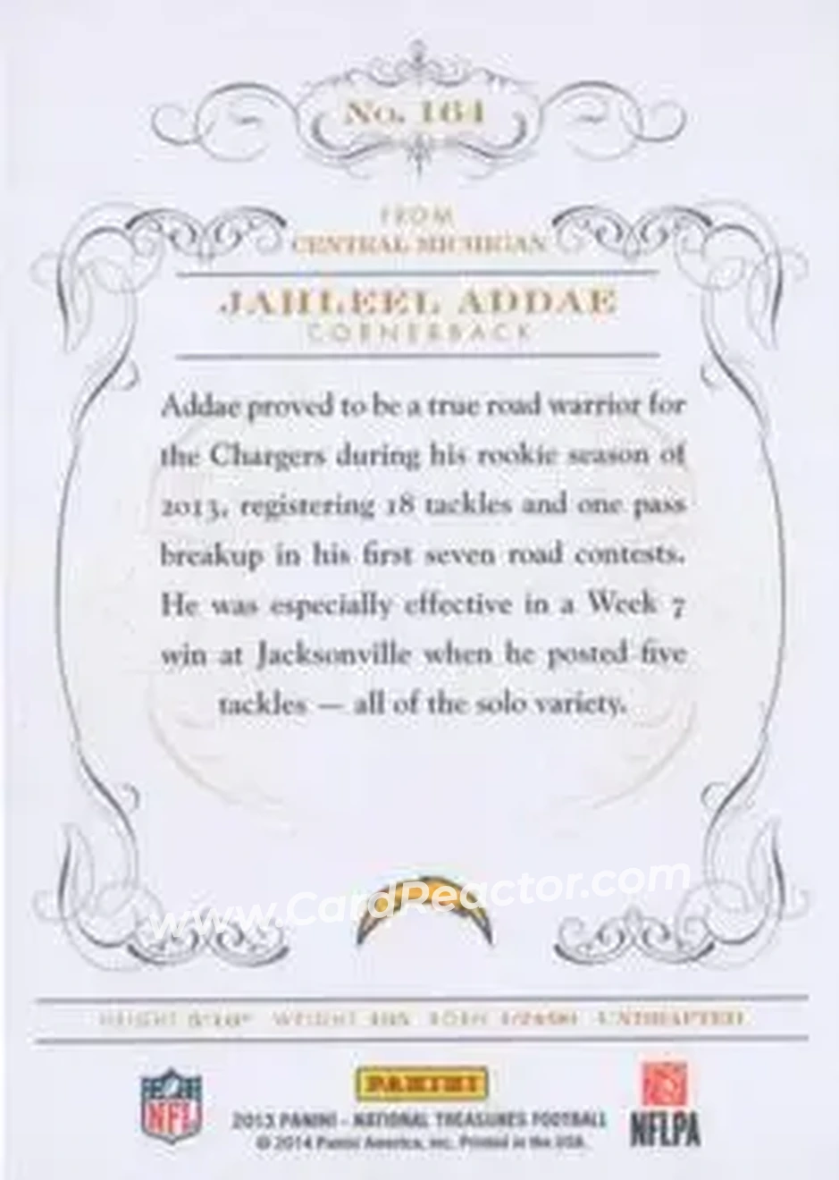 2013 Panini National Treasures - Century Blue #164 - Jahleel Addae - San Diego Chargers - Back 2013 Panini National Treasures - Century Blue #164 - Jahleel Addae - San Diego Chargers - Back