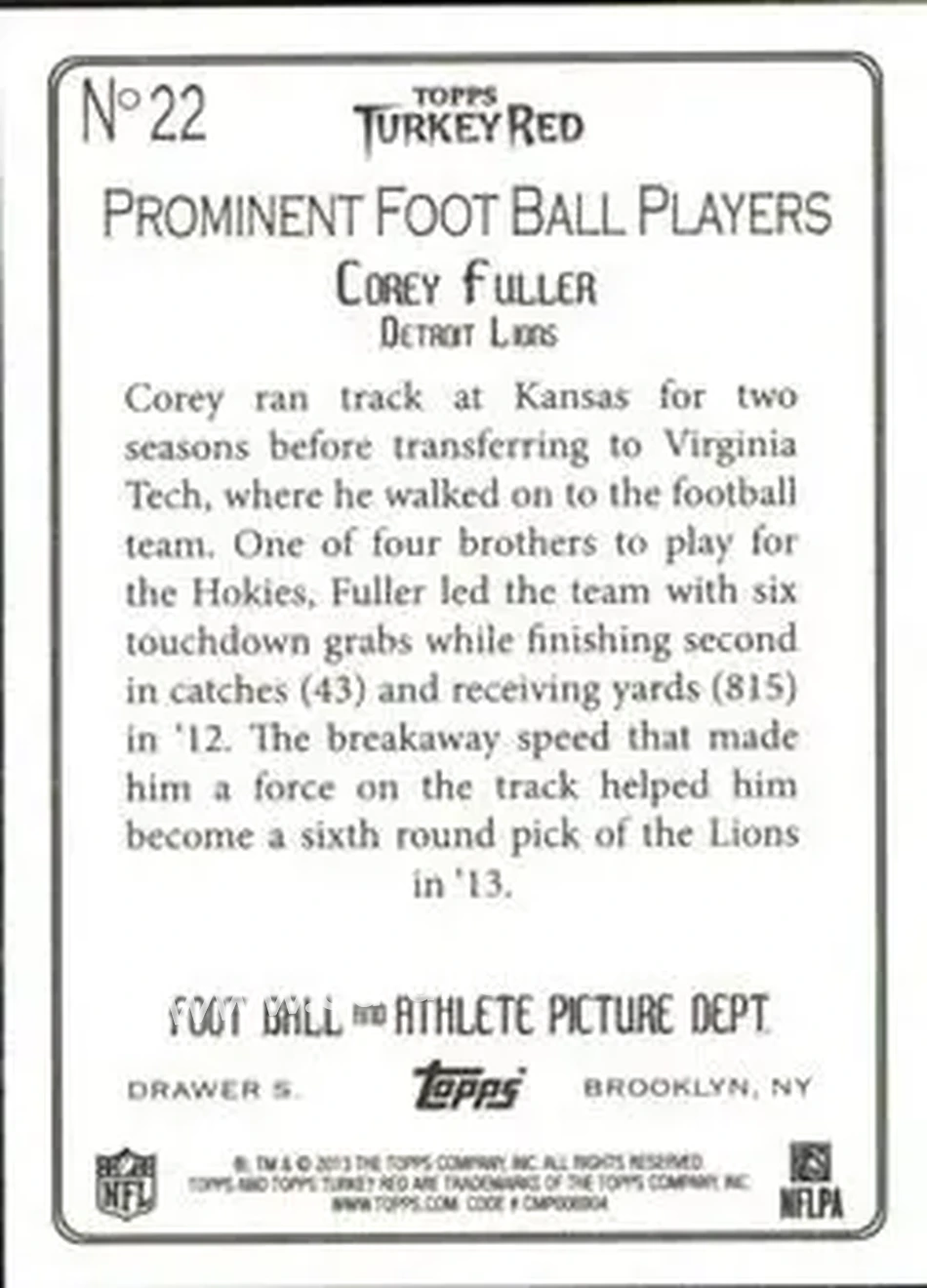 2013 Topps Turkey Red #22 - Corey Fuller - Detroit Lions - Back