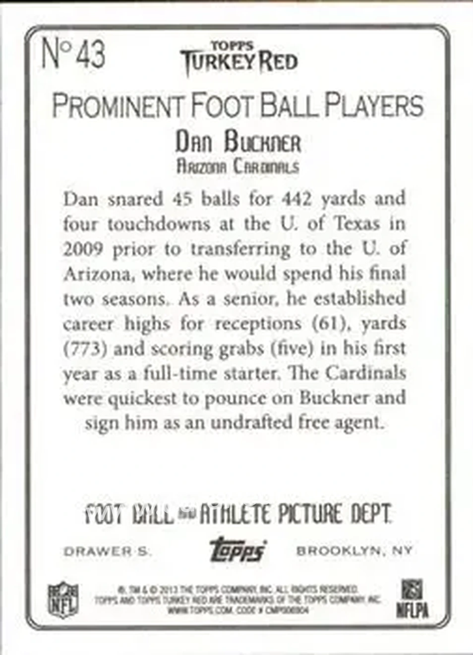 2013 Topps Turkey Red #43 - Dan Buckner - Arizona Cardinals - Back