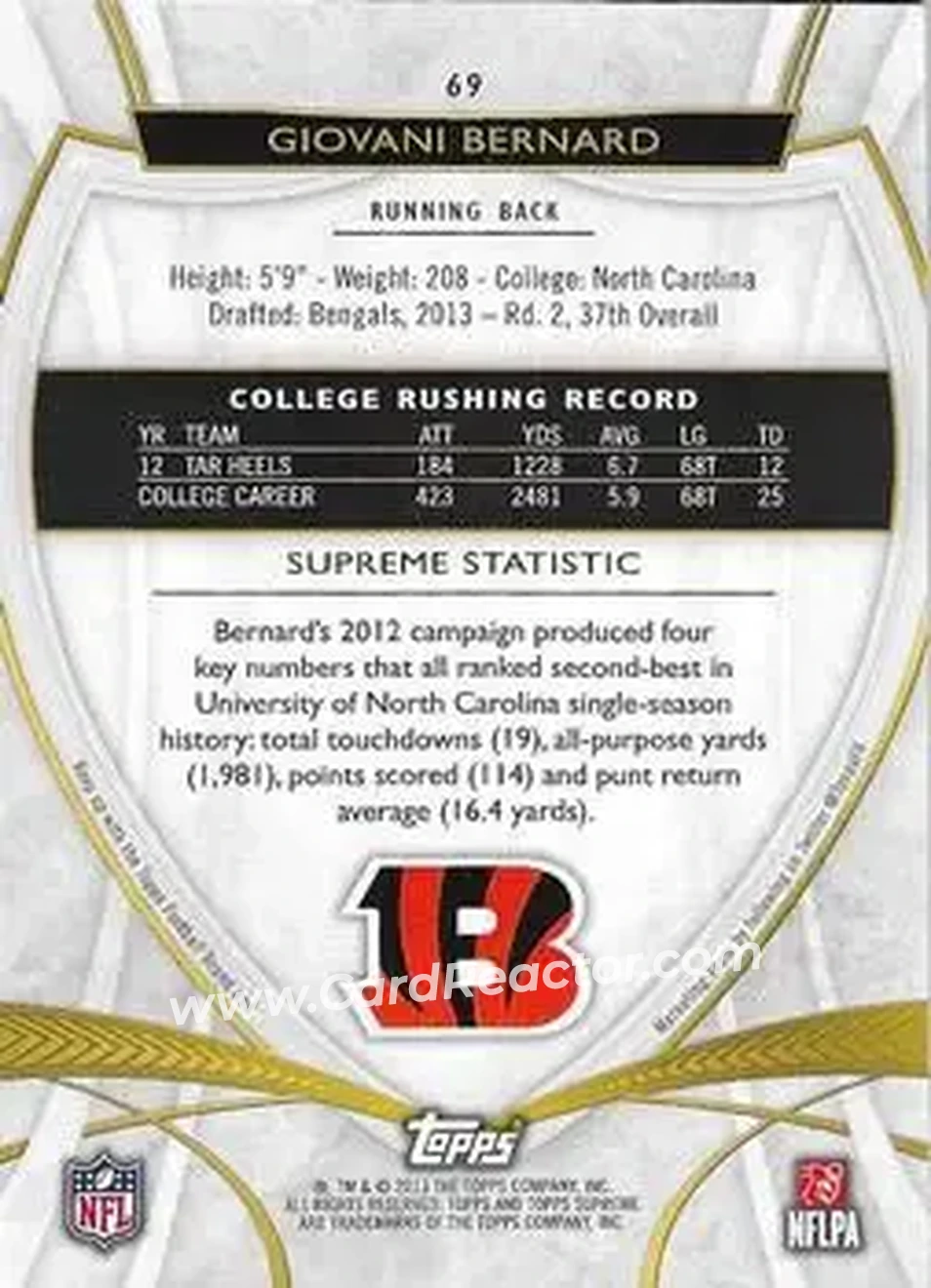 2013 Topps Supreme - Red #69 - Giovani Bernard - Cincinnati Bengals - Back
