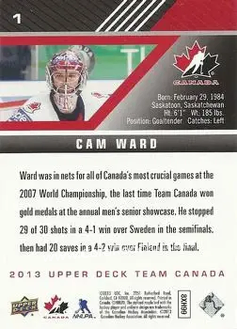 2013 Upper Deck Team Canada #1 - Cam Ward - Canada - Back
