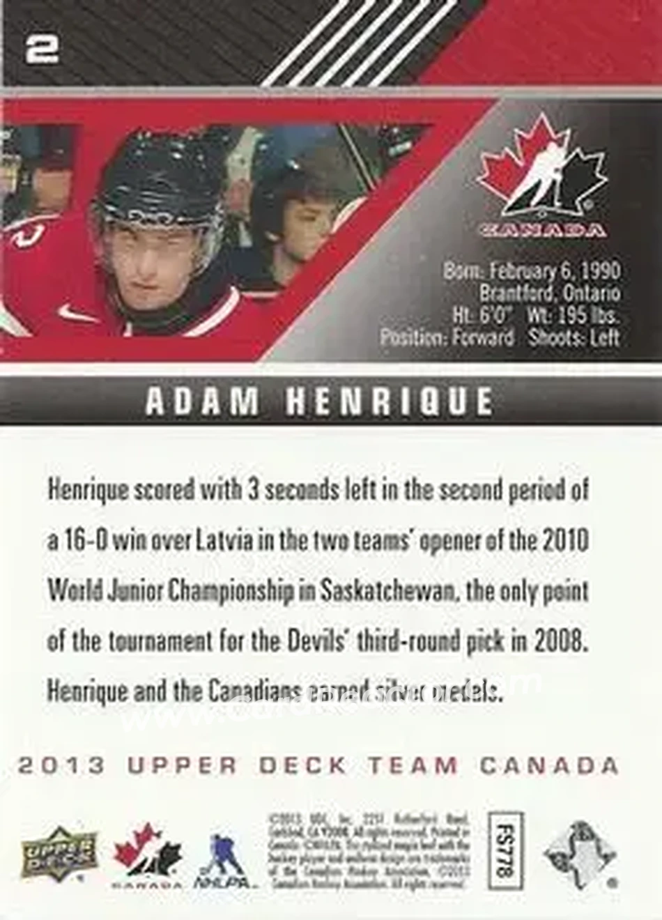 2013 Upper Deck Team Canada #2 - Adam Henrique - Canada - Back