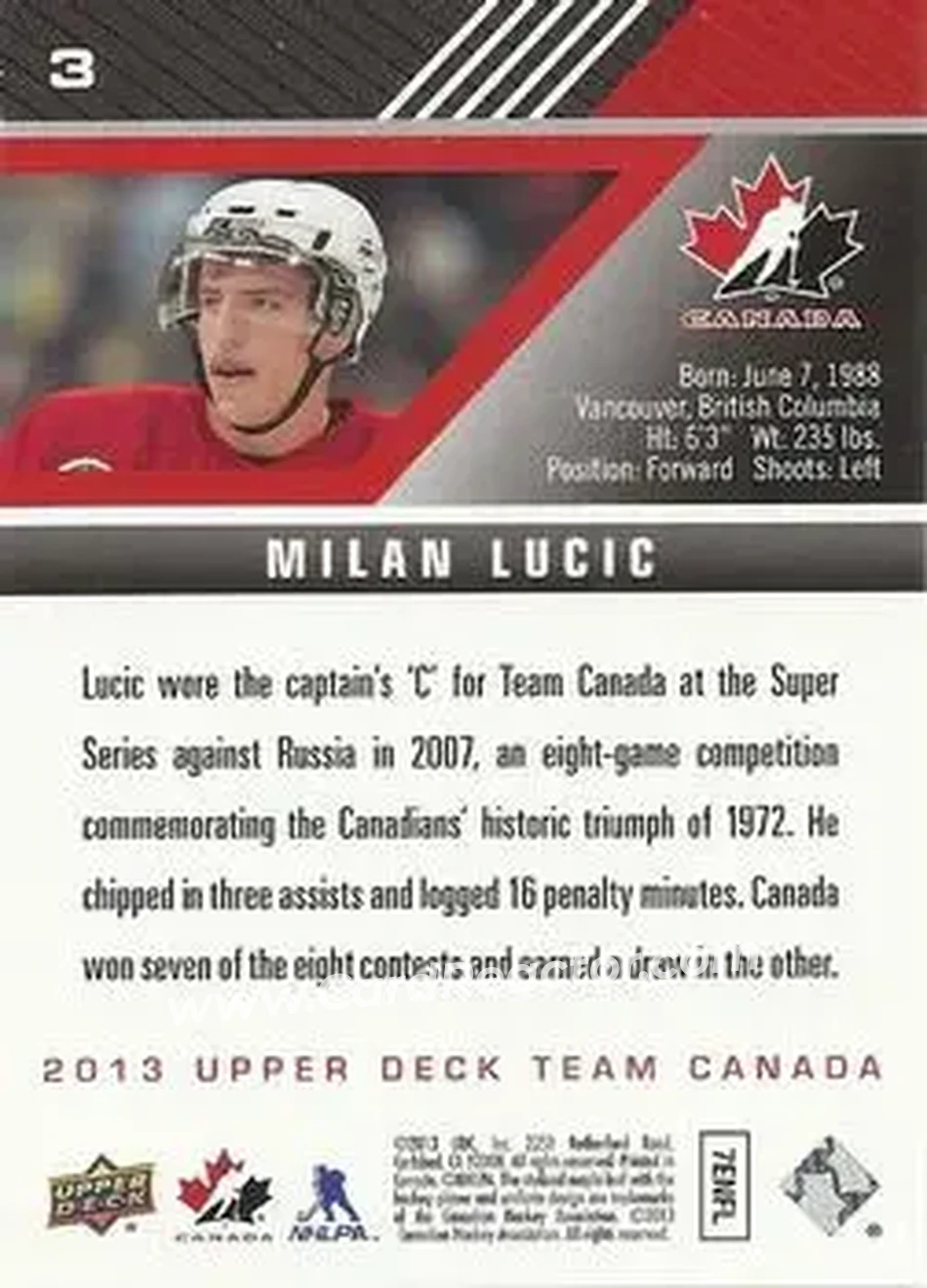 2013 Upper Deck Team Canada #3 - Milan Lucic - Canada - Back