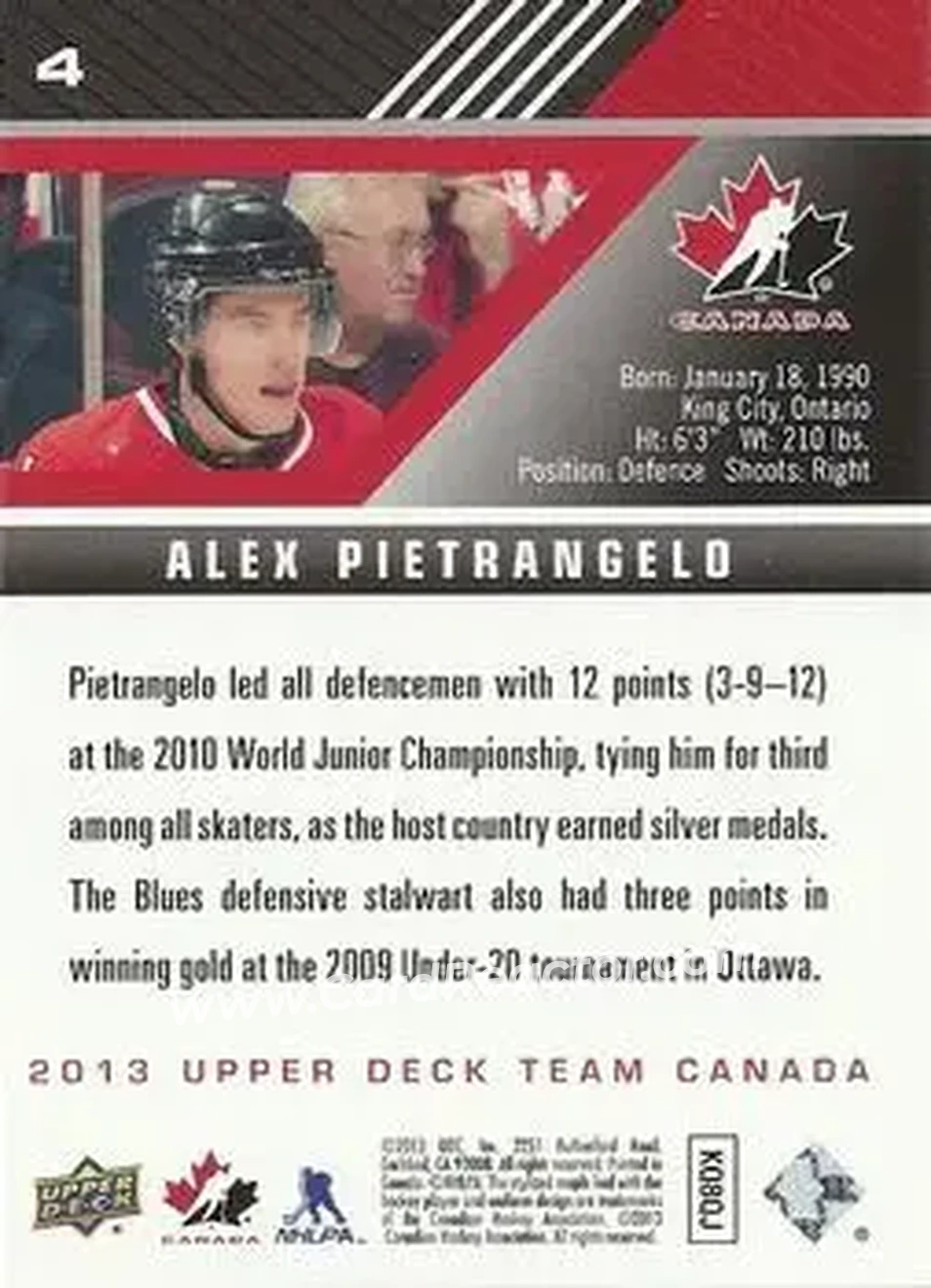 2013 Upper Deck Team Canada #4 - Alex Pietrangelo - Canada - Back
