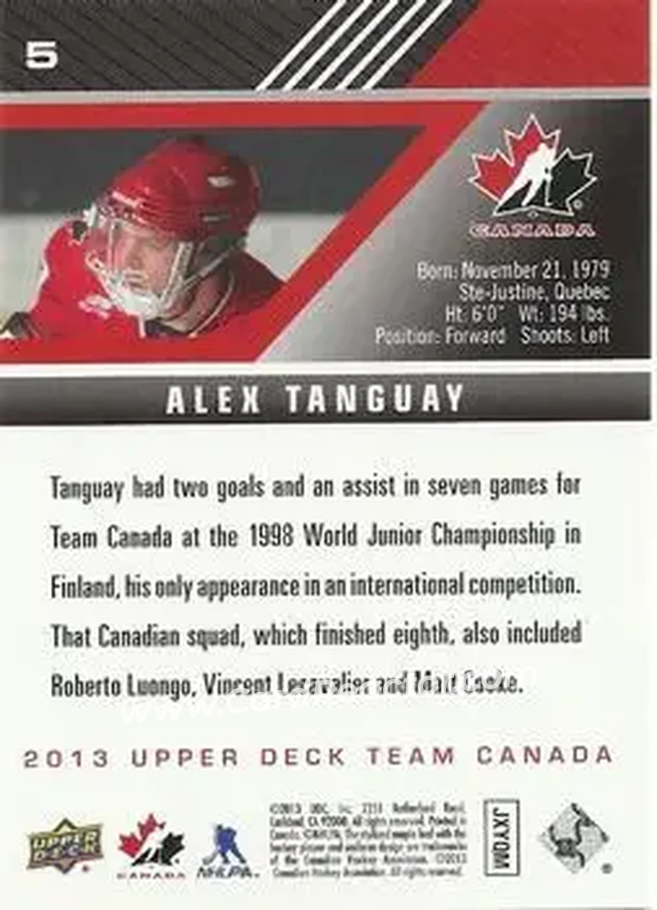 2013 Upper Deck Team Canada #5 - Alex Tanguay - Canada - Back
