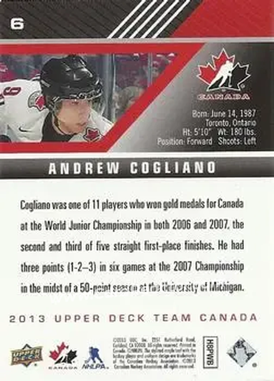 2013 Upper Deck Team Canada #6 - Andrew Cogliano - Canada - Back