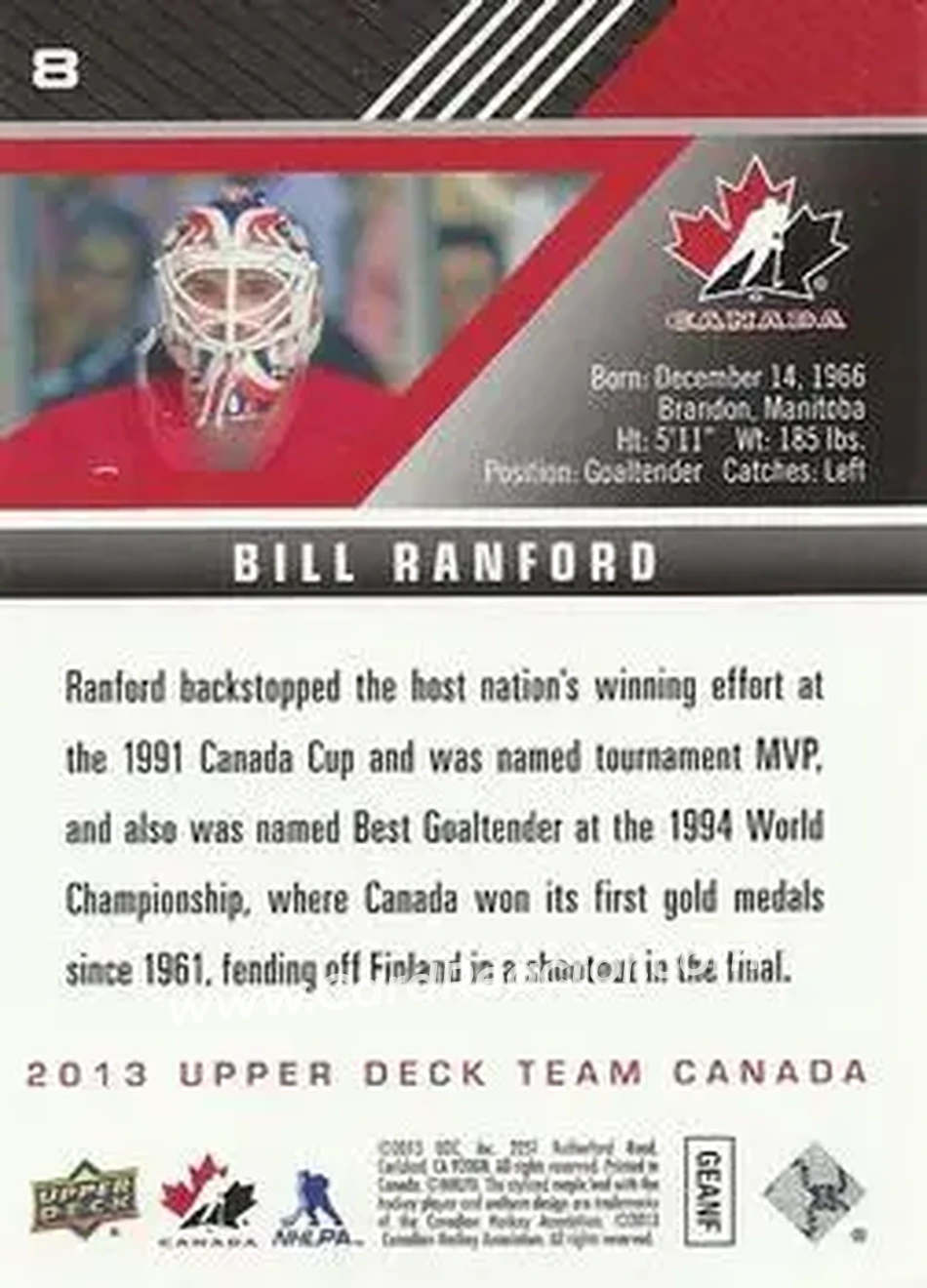 2013 Upper Deck Team Canada #8 - Bill Ranford - Canada - Back