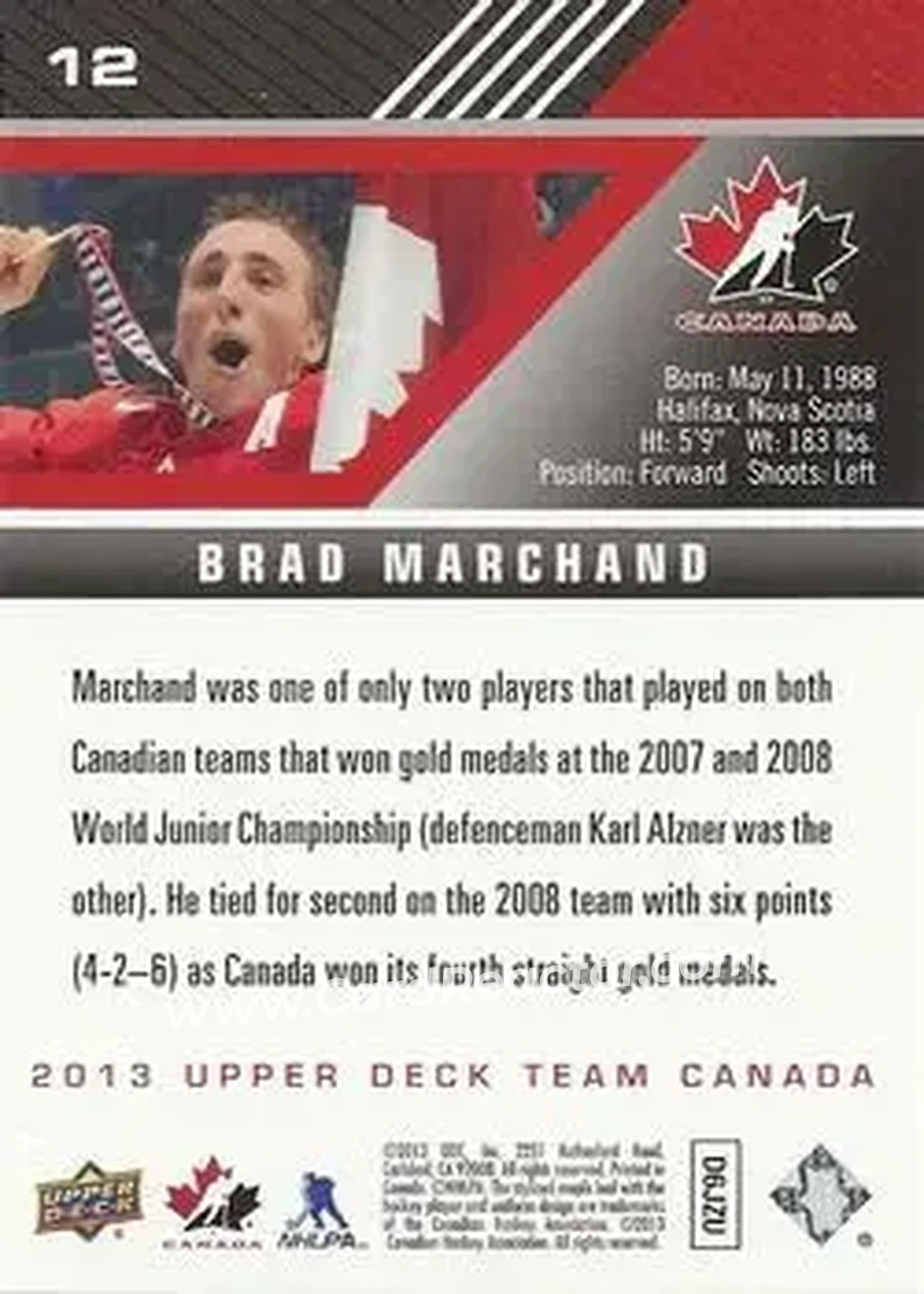 2013 Upper Deck Team Canada #12 - Brad Marchand - Canada - Back