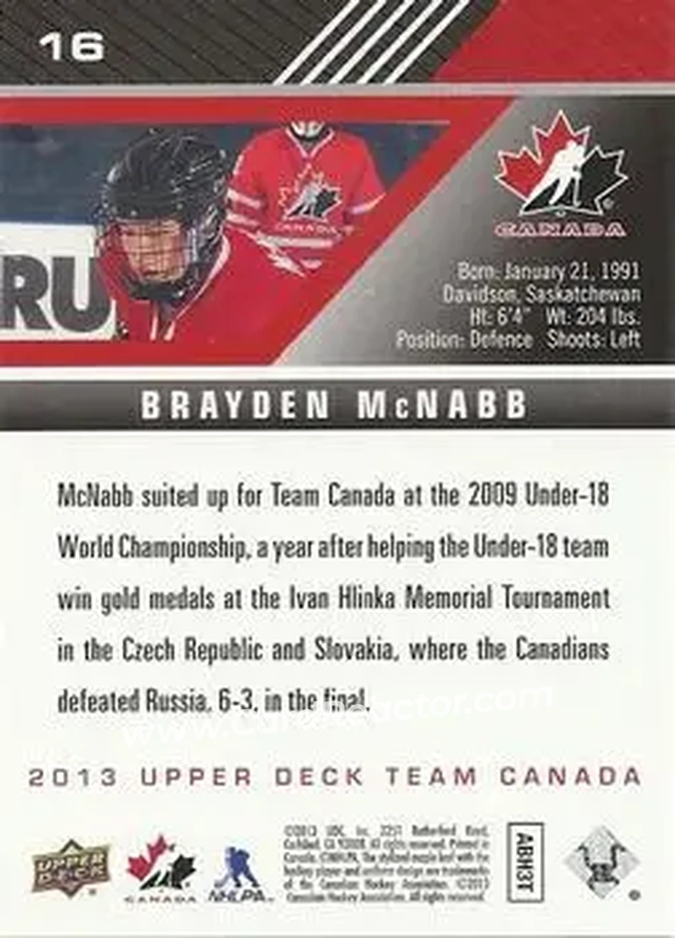 2013 Upper Deck Team Canada #16 - Brayden McNabb - Canada - Back