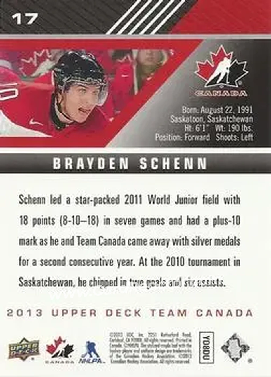 2013 Upper Deck Team Canada #17 - Brayden Schenn - Canada - Back