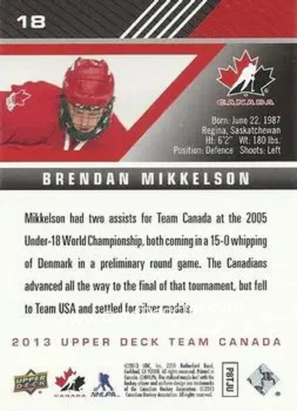 2013 Upper Deck Team Canada #18 - Brendan Mikkelson - Canada - Back