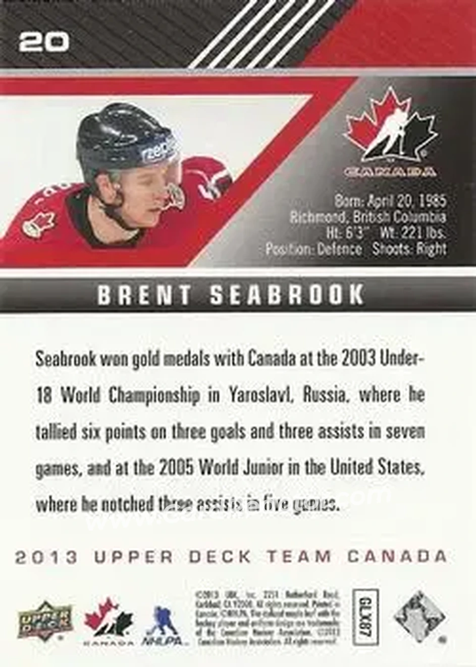2013 Upper Deck Team Canada #20 - Brent Seabrook - Canada - Back