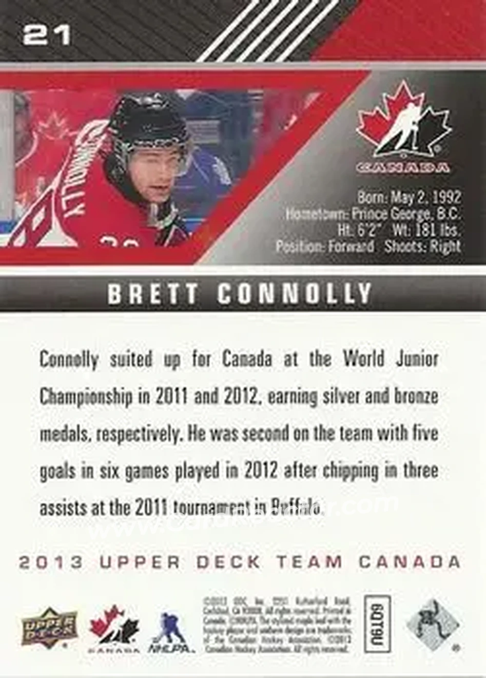 2013 Upper Deck Team Canada #21 - Brett Connolly - Canada - Back
