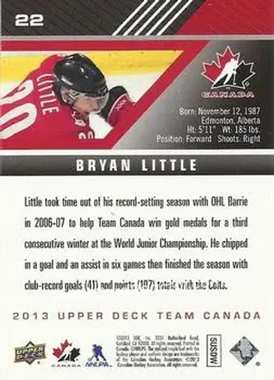 2013 Upper Deck Team Canada #22 - Bryan Little - Canada - Back