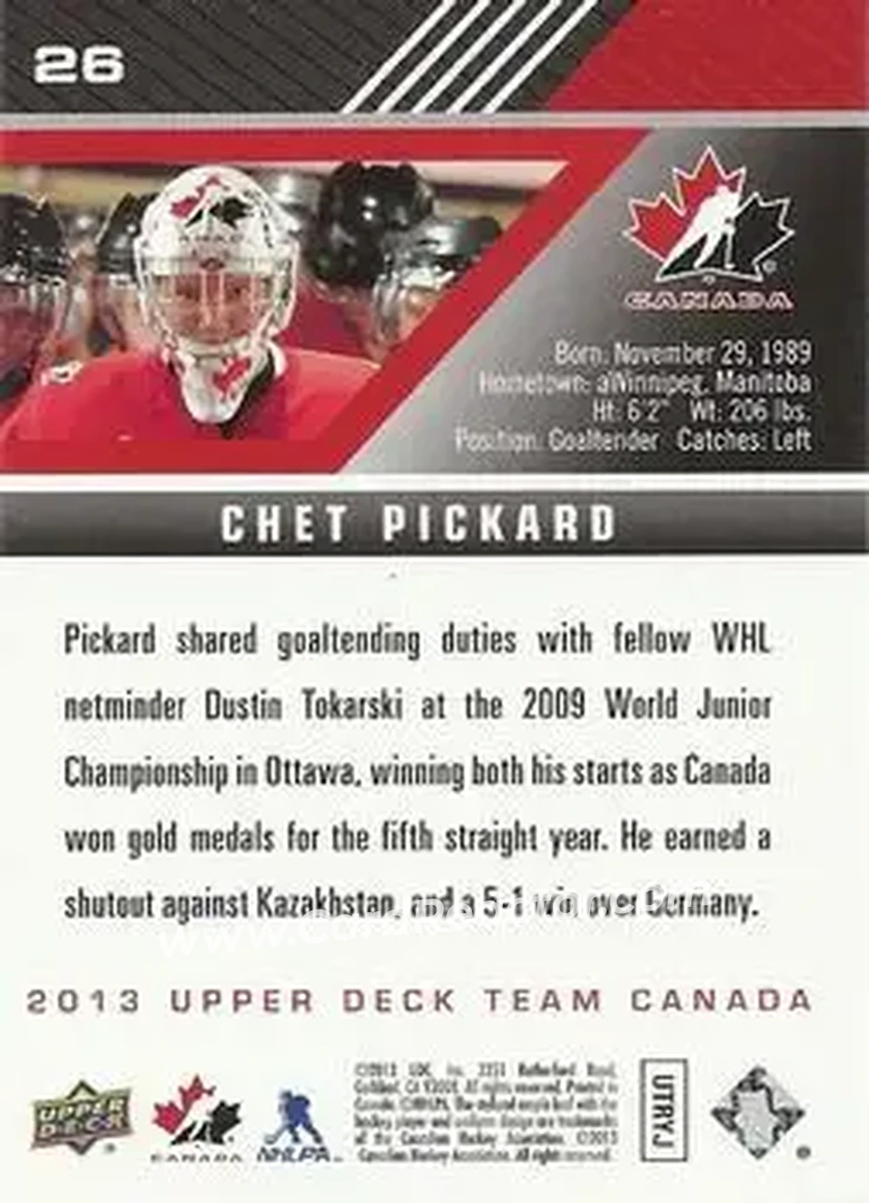2013 Upper Deck Team Canada #26 - Chet Pickard - Canada - Back