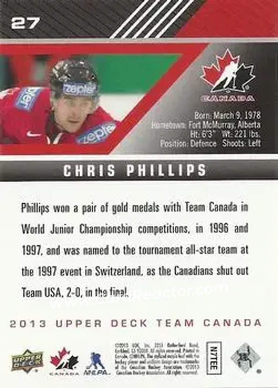 2013 Upper Deck Team Canada #27 - Chris Phillips - Canada - Back