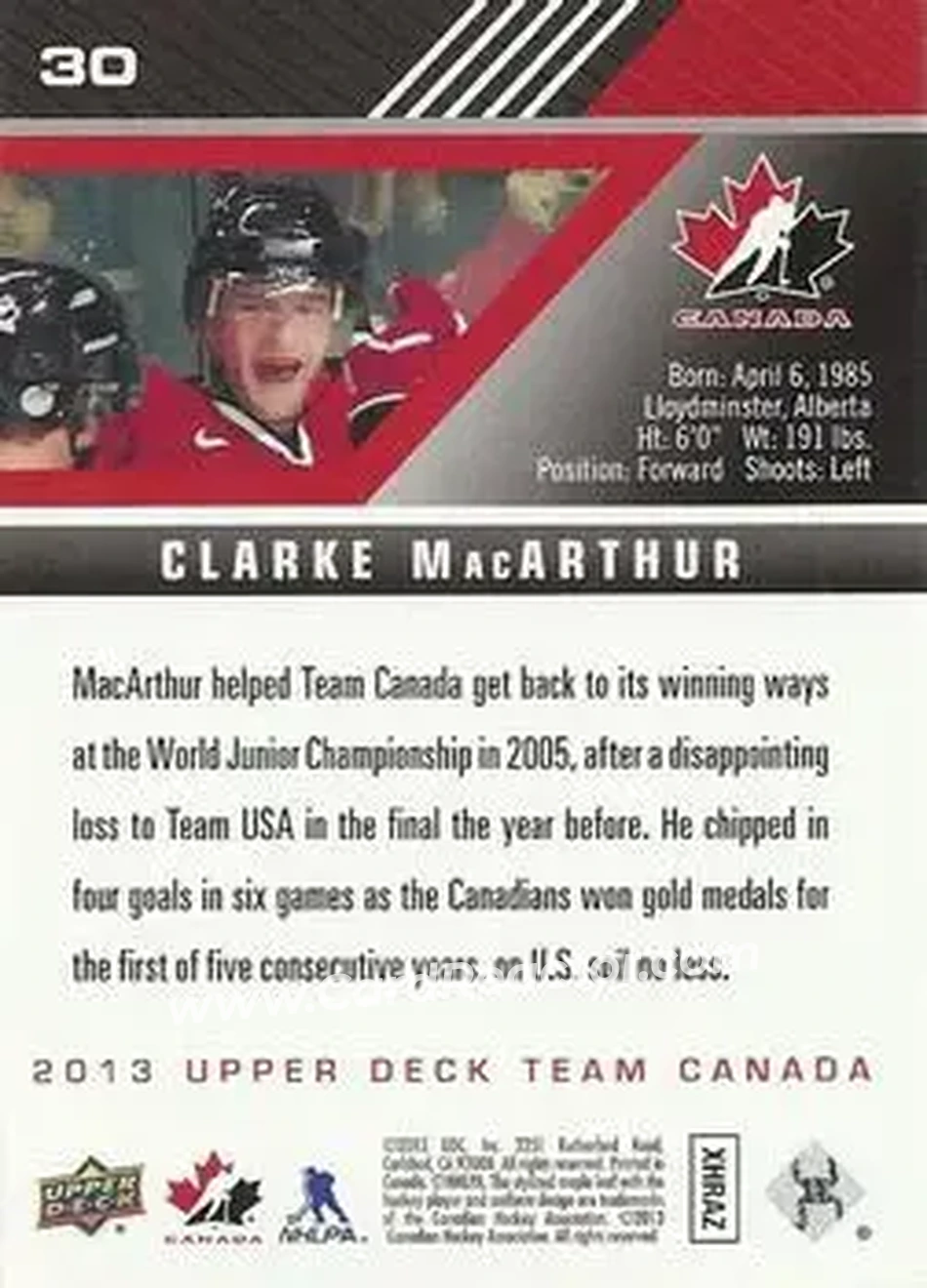 2013 Upper Deck Team Canada #30 - Clarke MacArthur - Canada - Back