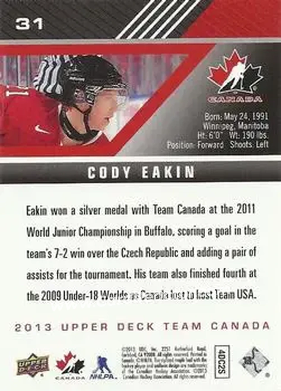 2013 Upper Deck Team Canada #31 - Cody Eakin - Canada - Back