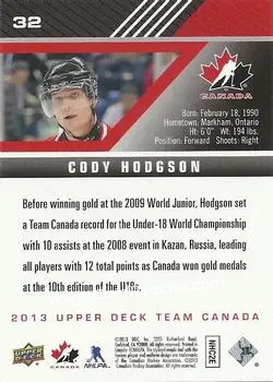2013 Upper Deck Team Canada #32 - Cody Hodgson - Canada - Back