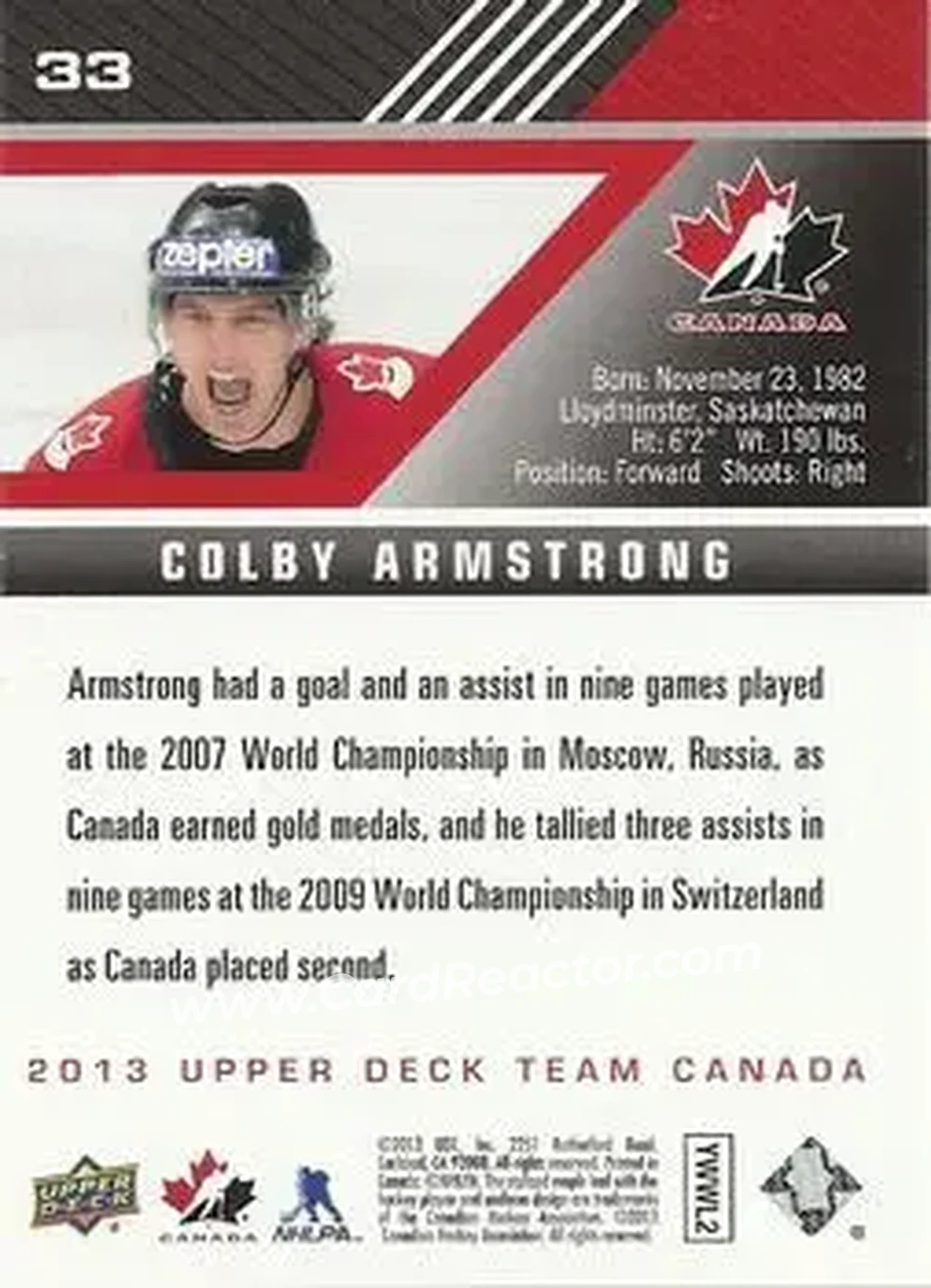 2013 Upper Deck Team Canada #33 - Colby Armstrong - Canada - Back