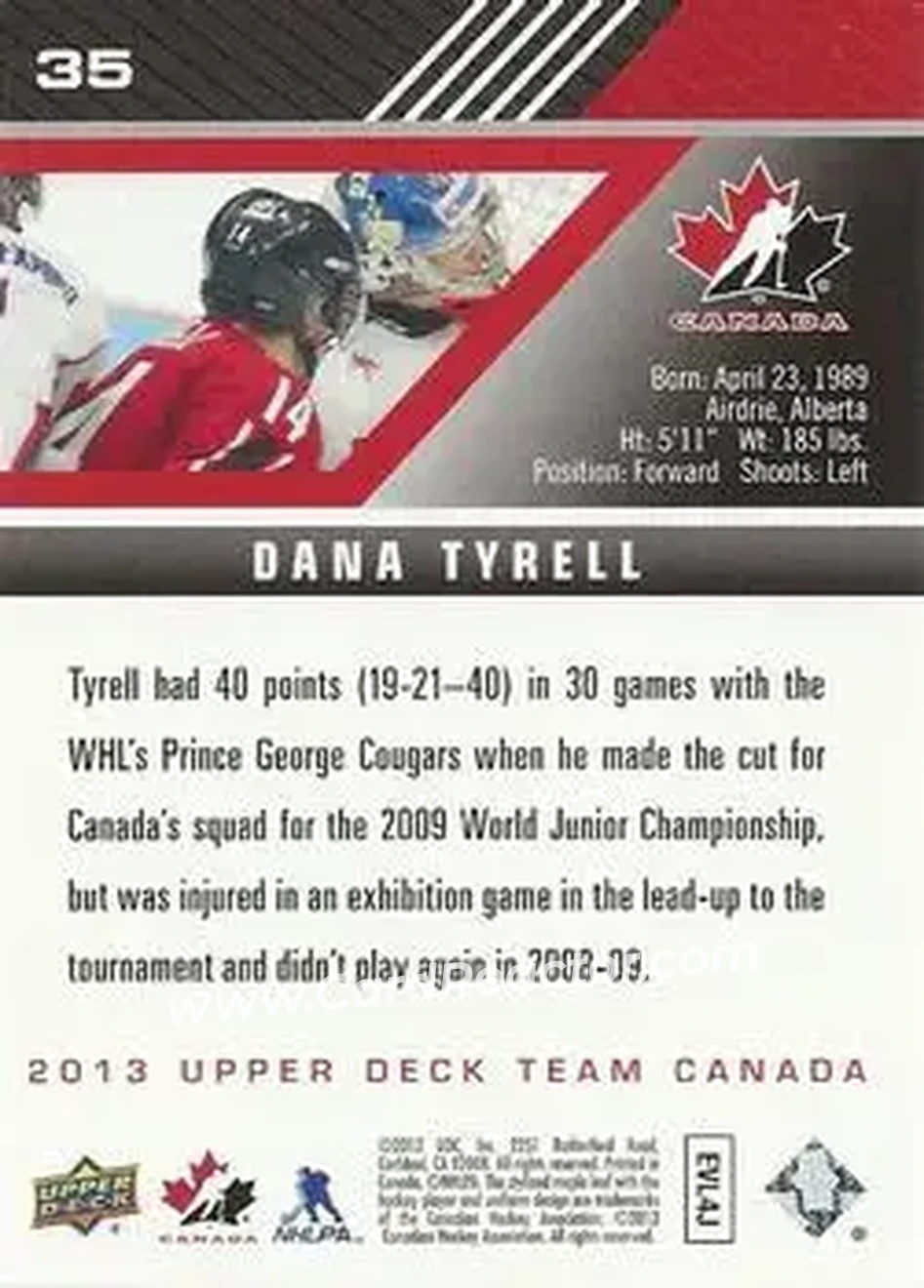 2013 Upper Deck Team Canada #35 - Dana Tyrell - Canada - Back