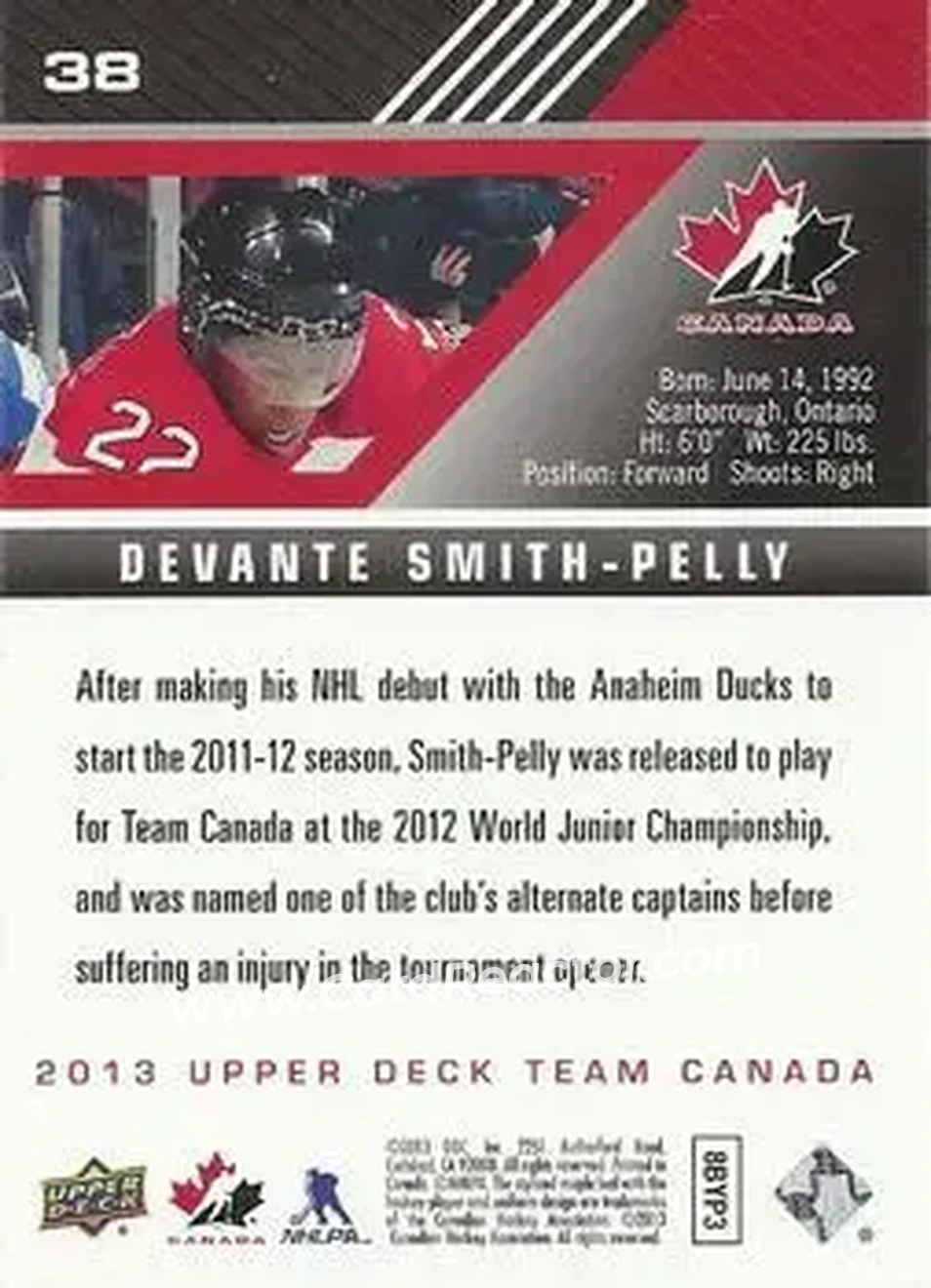 2013 Upper Deck Team Canada #38 - Devante Smith-Pelly - Canada - Back