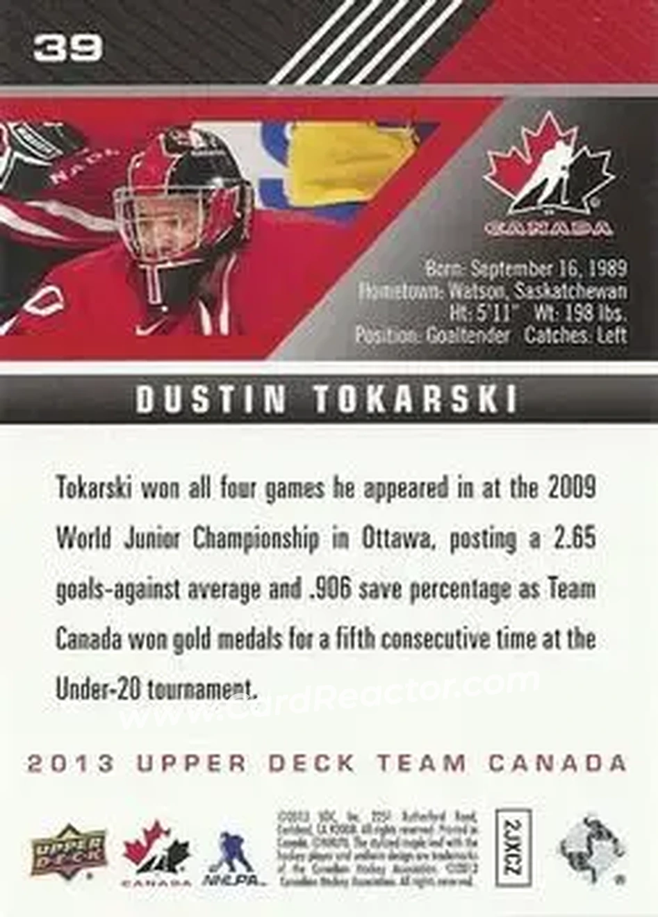2013 Upper Deck Team Canada #39 - Dustin Tokarski - Canada - Back