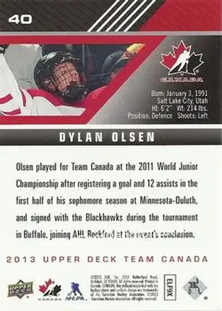 2013 Upper Deck Team Canada #40 - Dylan Olsen - Canada - Back