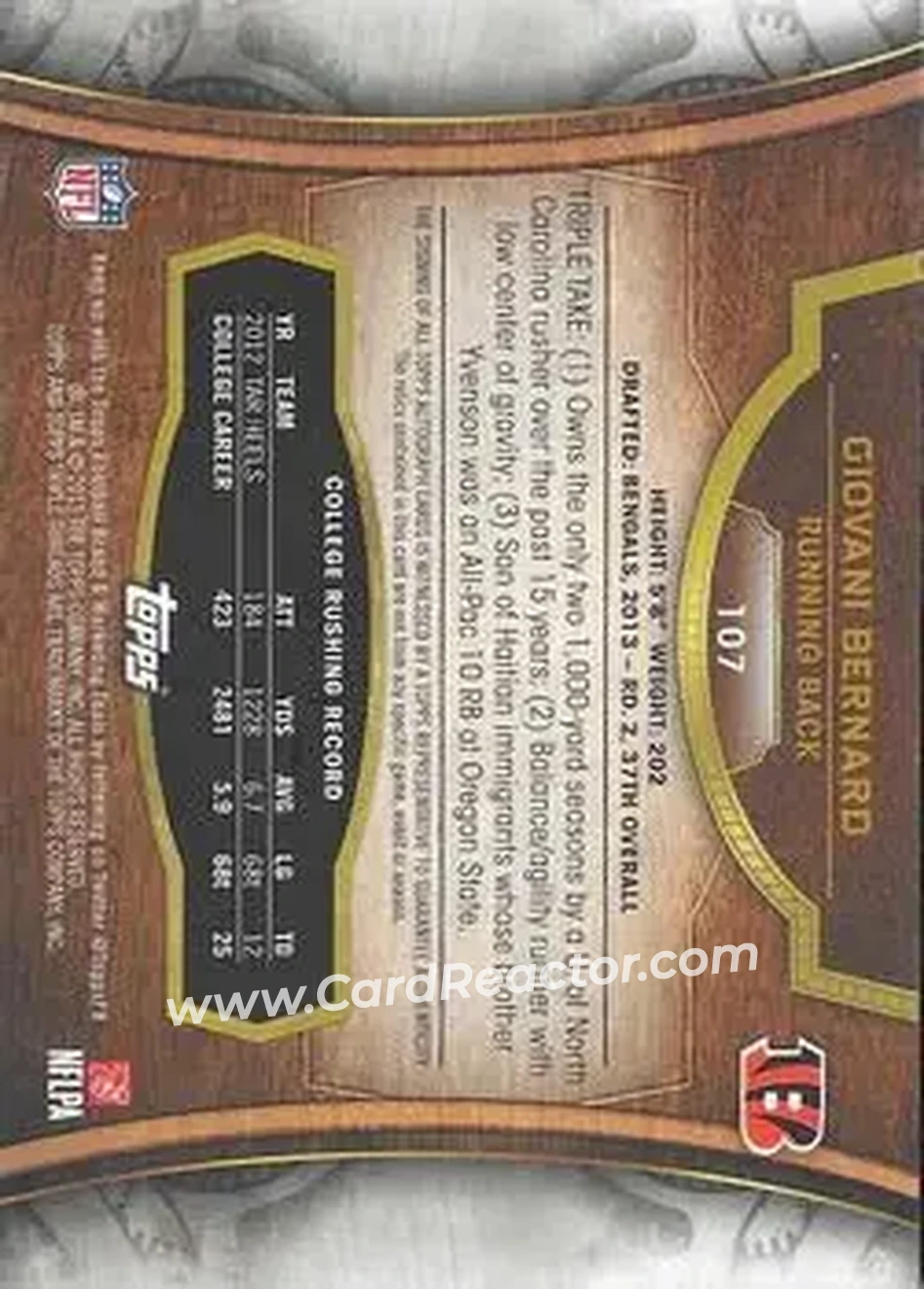 2013 Topps Triple Threads #107 - Giovani Bernard - Cincinnati Bengals - Back
