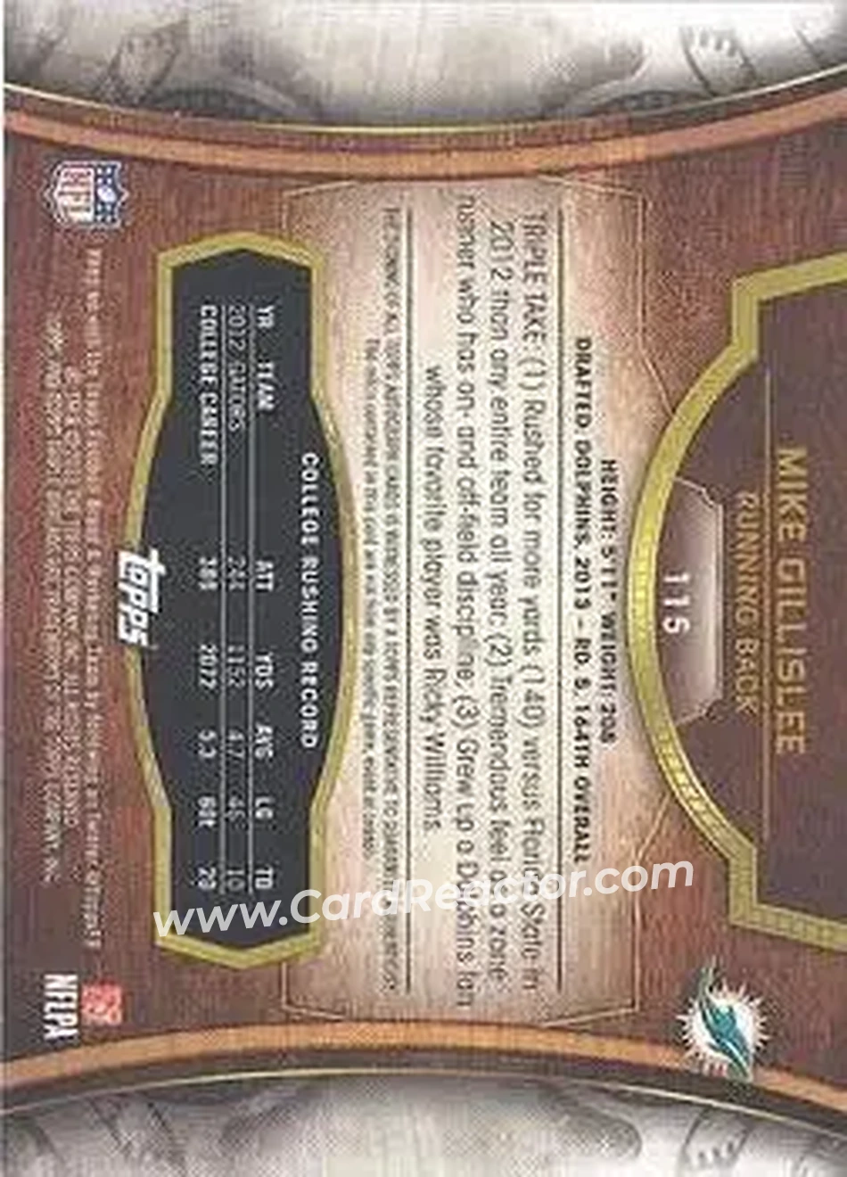 2013 Topps Triple Threads #115 - Mike Gillislee - Miami Dolphins - Back