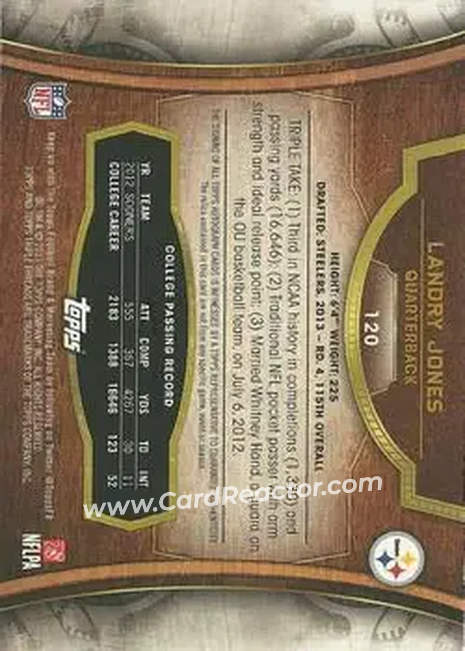 2013 Topps Triple Threads #120 - Landry Jones - Pittsburgh Steelers - Back 2013 Topps Triple Threads #120 - Landry Jones - Pittsburgh Steelers - Back