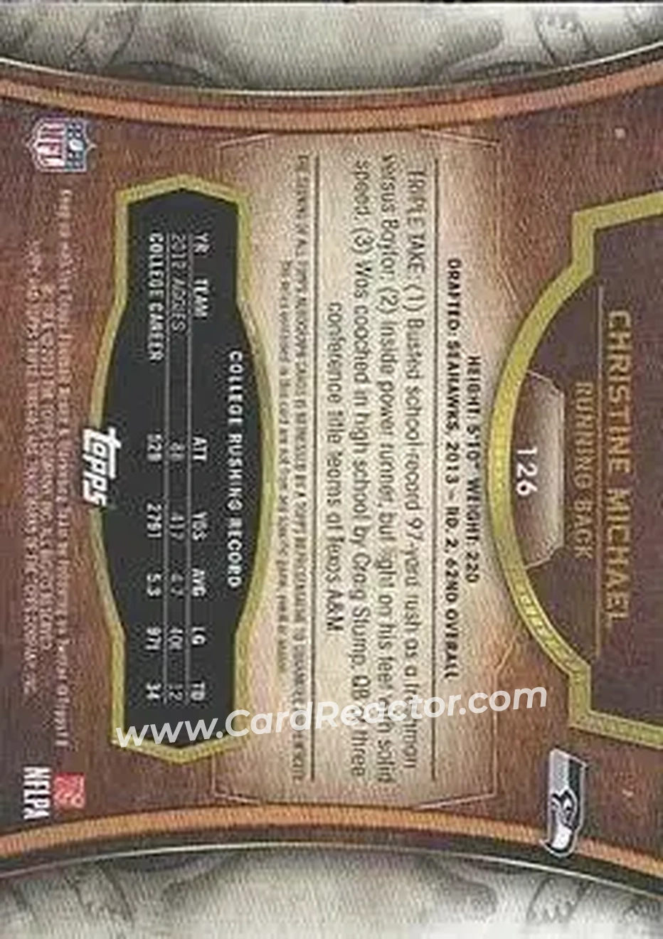 2013 Topps Triple Threads #126 - Christine Michael - Seattle Seahawks - Back