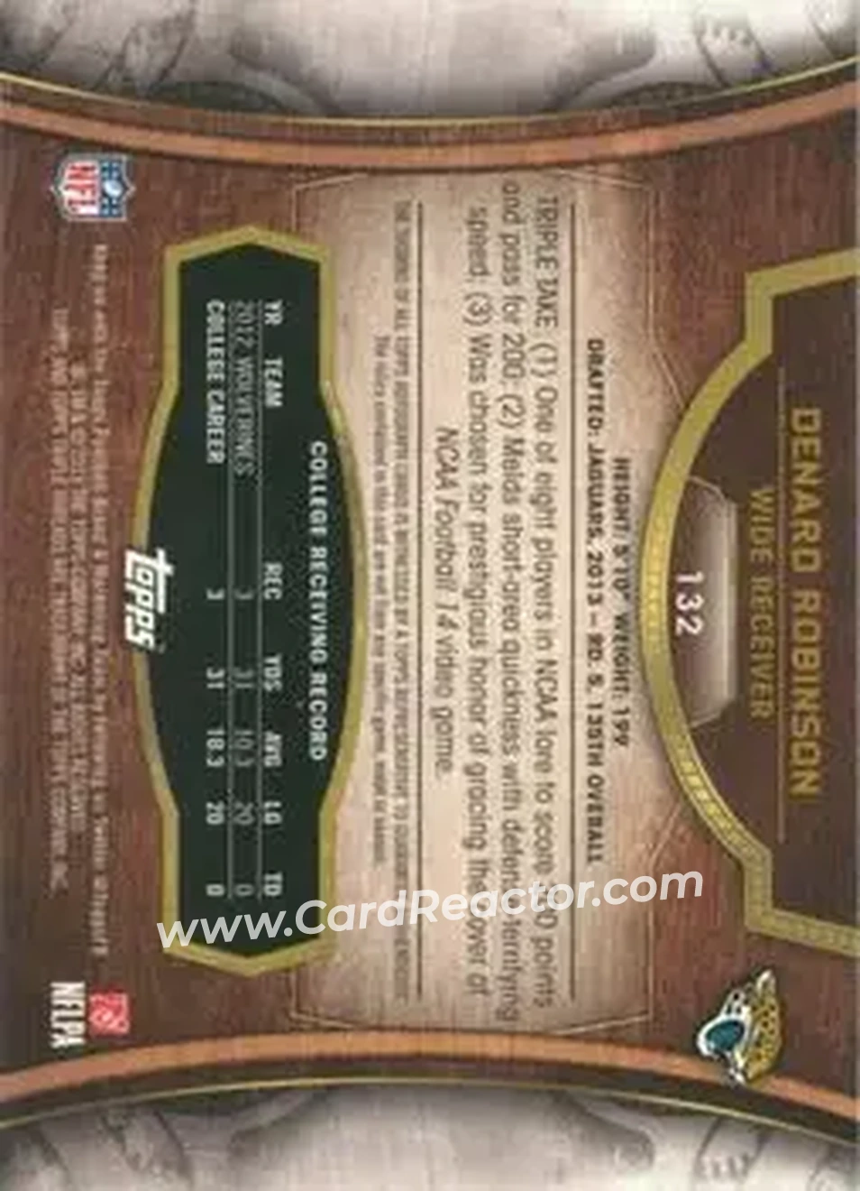 2013 Topps Triple Threads #132 - Denard "Shoelace" Robinson - Jacksonville Jaguars - Back