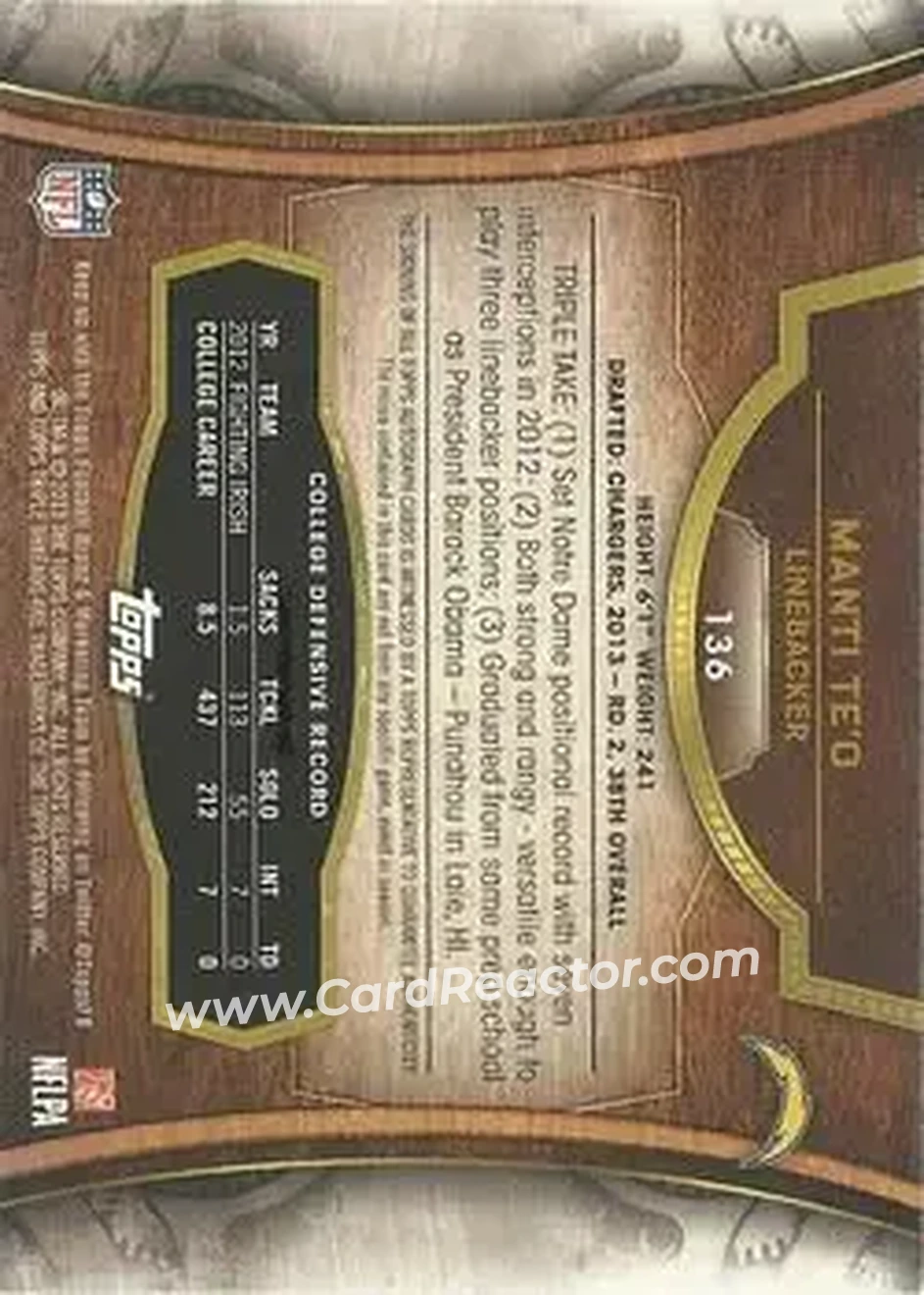 2013 Topps Triple Threads #136 - Manti Te'o - San Diego Chargers - Back 2013 Topps Triple Threads #136 - Manti Te'o - San Diego Chargers - Back