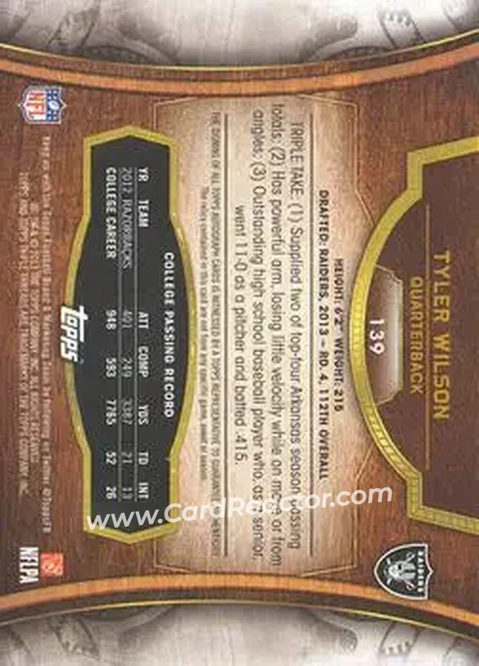 2013 Topps Triple Threads #139 - Tyler Wilson - Oakland Raiders - Back