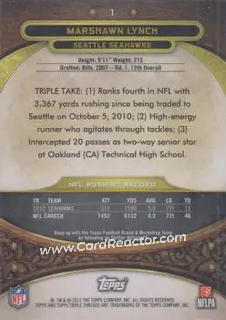 2013 Topps Triple Threads - Purple #1 - Marshawn Lynch - Seattle Seahawks - Back 2013 Topps Triple Threads - Purple #1 - Marshawn Lynch - Seattle Seahawks - Back