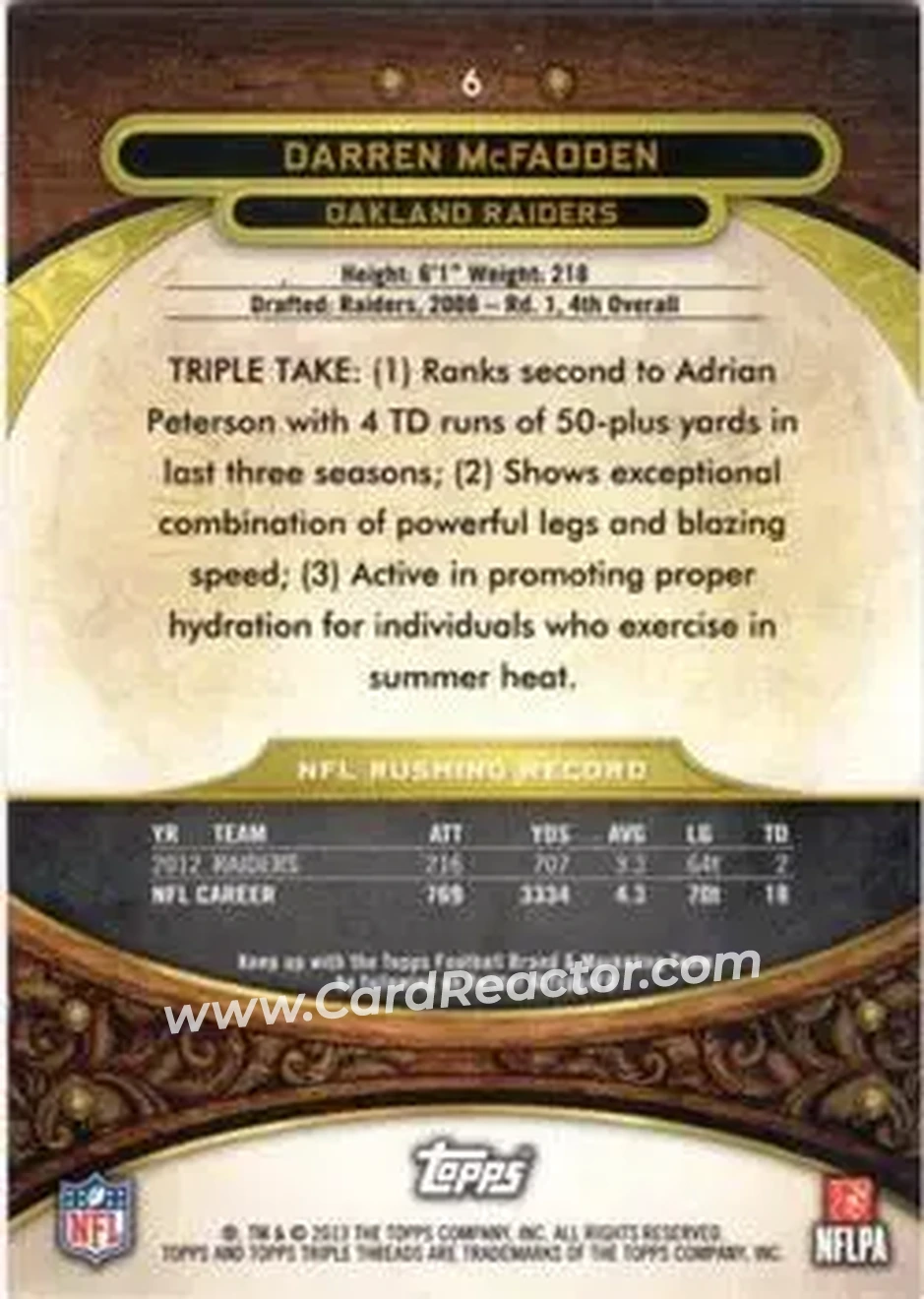 2013 Topps Triple Threads - Purple #6 - Darren McFadden - Oakland Raiders - Back 2013 Topps Triple Threads - Purple #6 - Darren McFadden - Oakland Raiders - Back