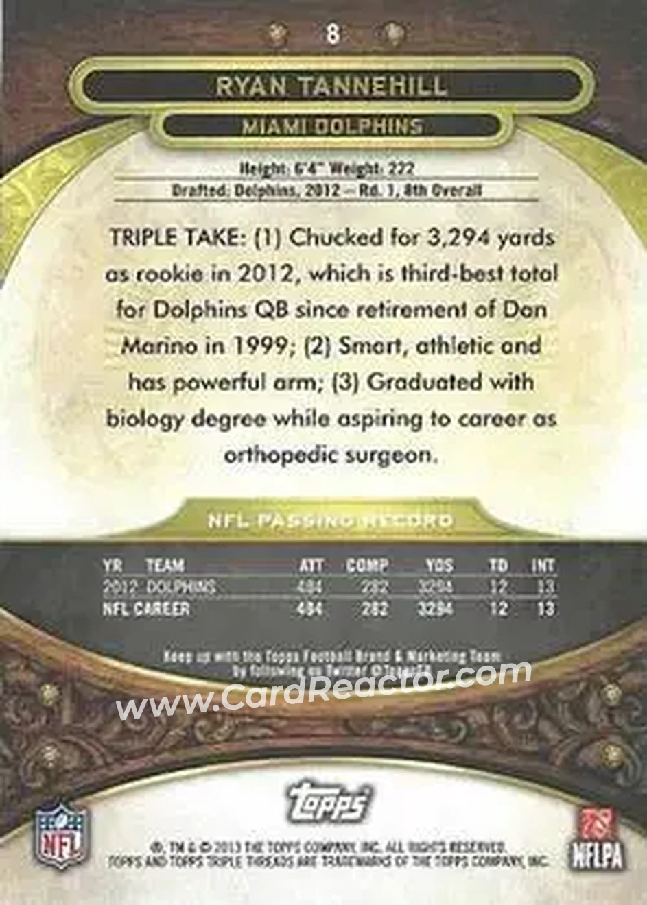 2013 Topps Triple Threads - Purple #8 - Ryan Tannehill - Miami Dolphins - Back 2013 Topps Triple Threads - Purple #8 - Ryan Tannehill - Miami Dolphins - Back