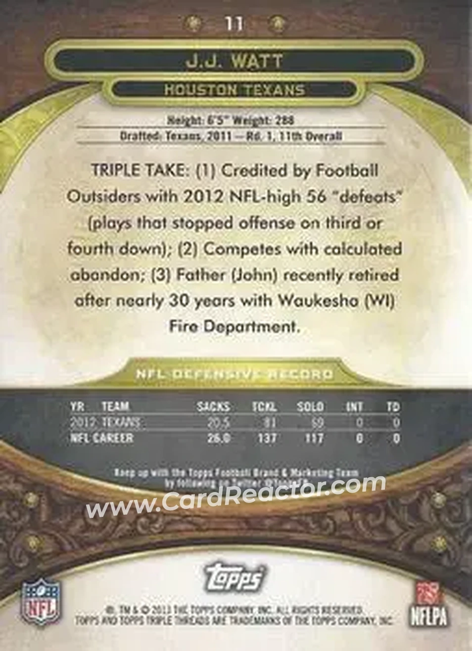 2013 Topps Triple Threads - Purple #11 - J.J. Watt - Houston Texans - Back