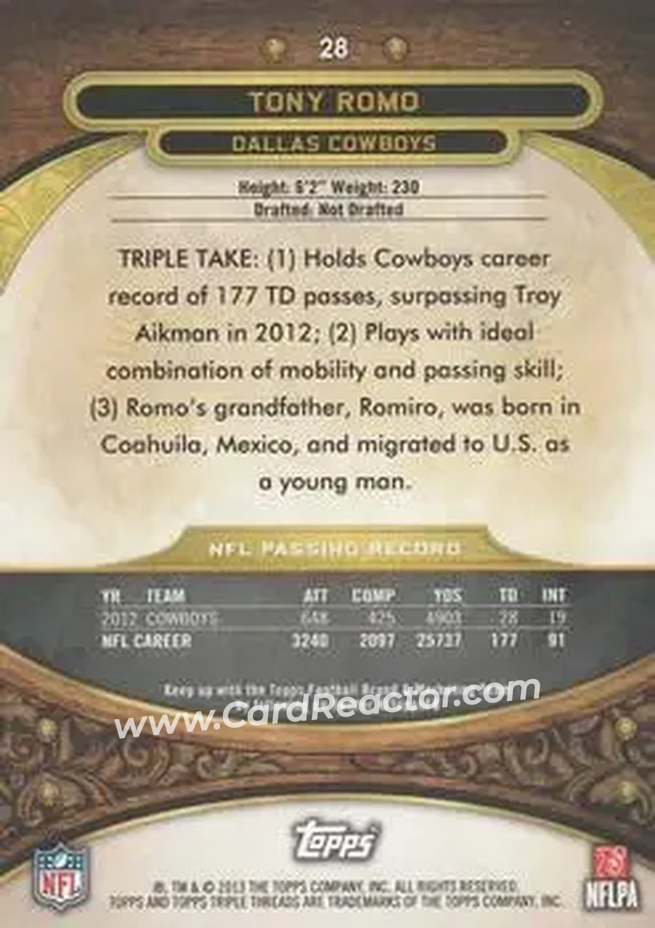 2013 Topps Triple Threads - Purple #28 - Tony Romo - Dallas Cowboys - Back
