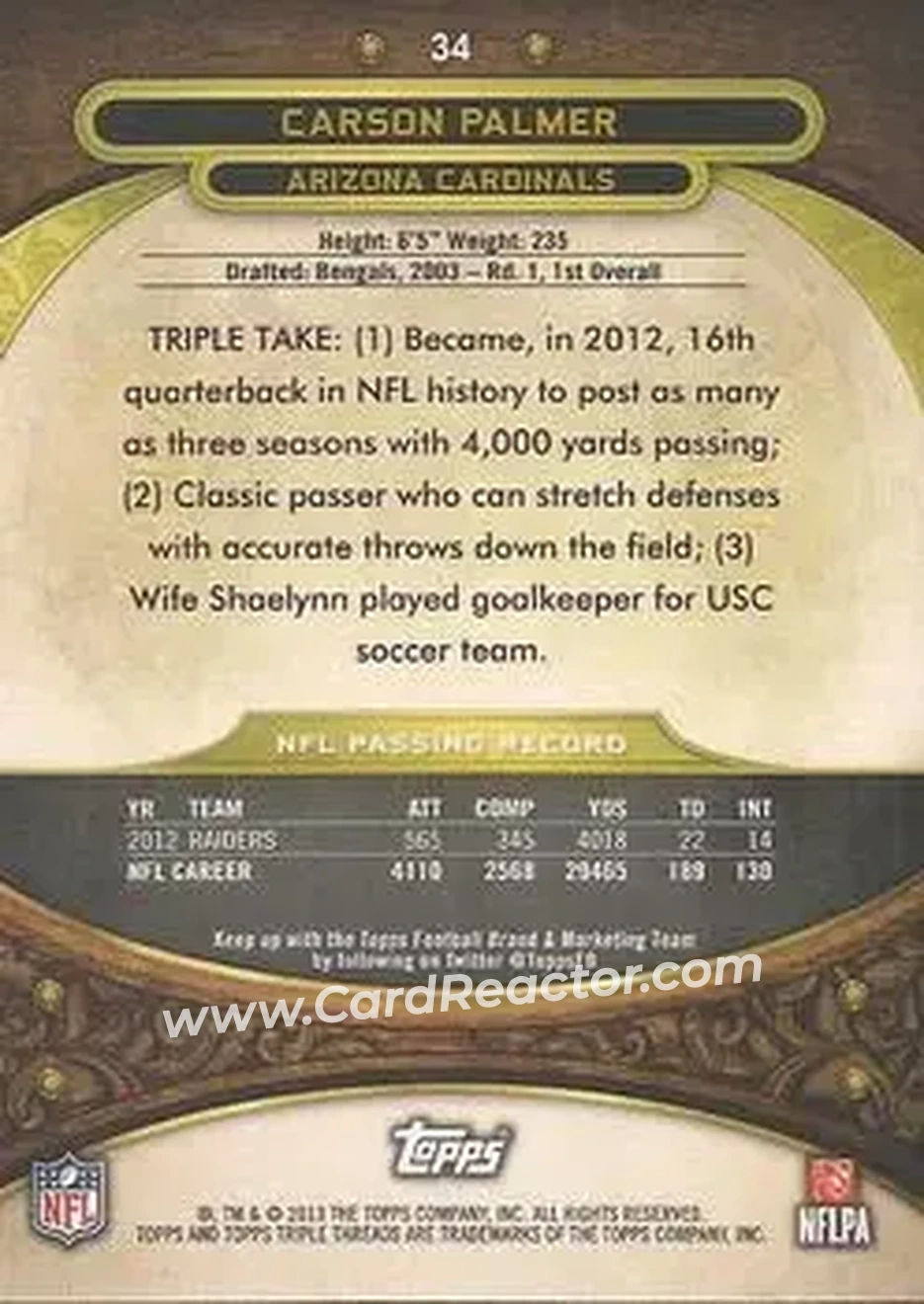 2013 Topps Triple Threads - Purple #34 - Carson Palmer - Arizona Cardinals - Back