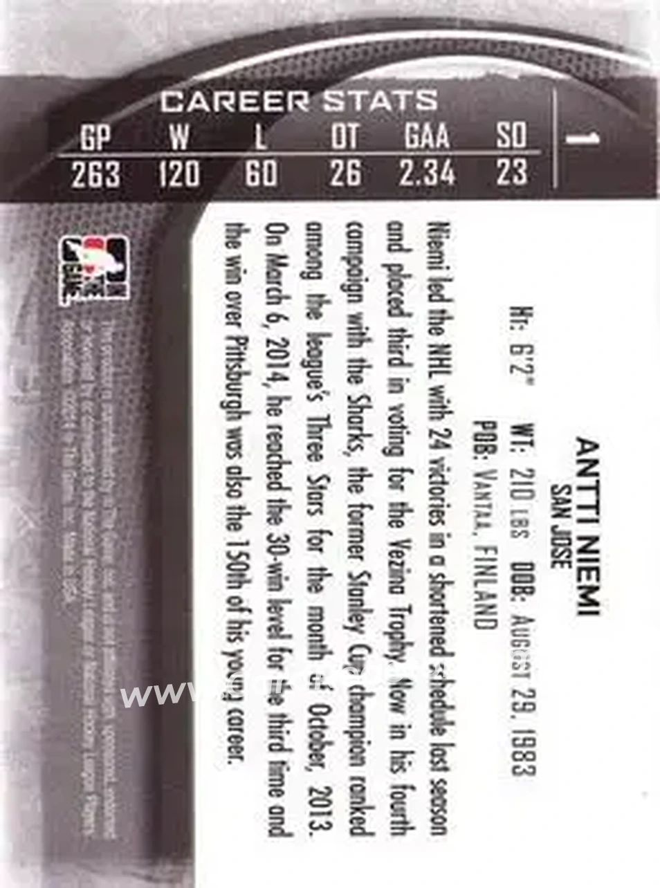 2013-14 In The Game Between the Pipes #1 - Antti Niemi - San Jose Sharks - Back