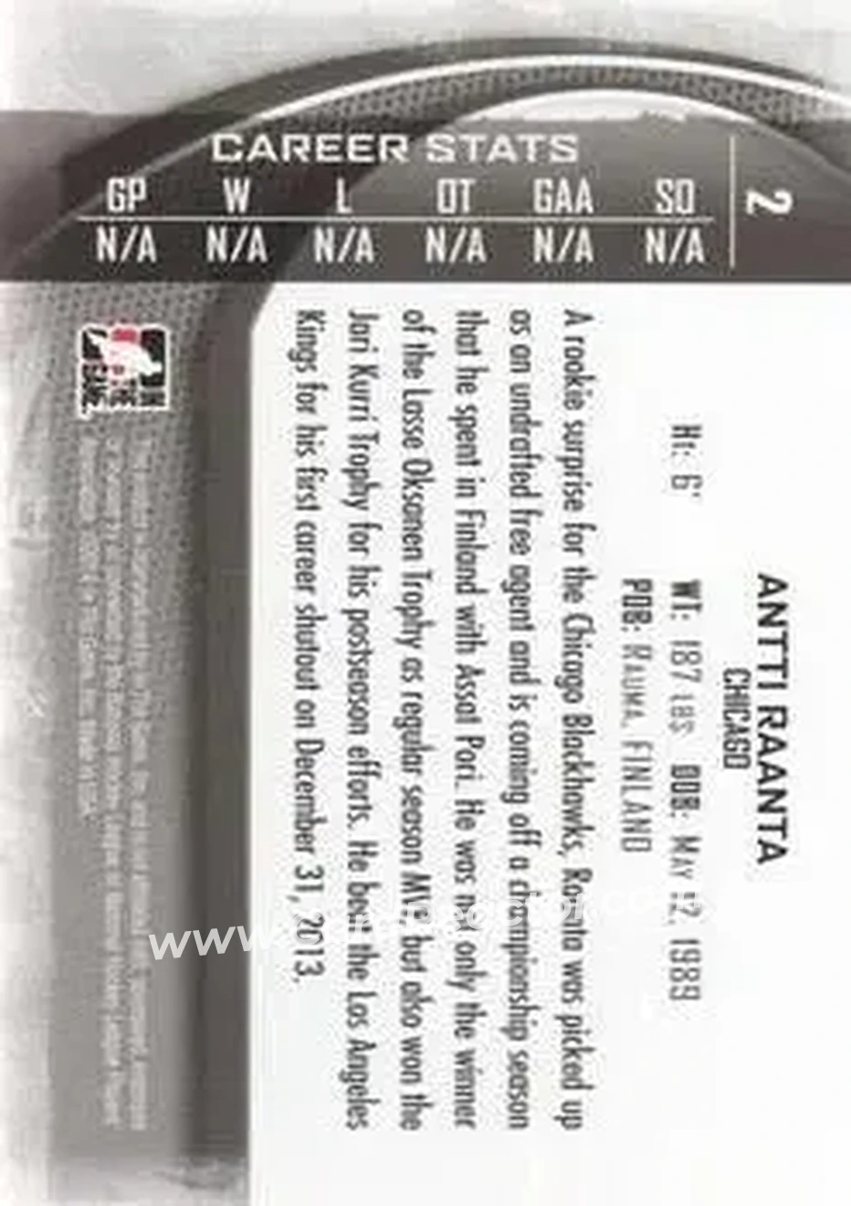 2013-14 In The Game Between the Pipes #2 - Antti Raanta - Chicago Blackhawks - Back