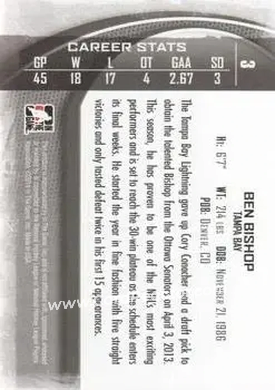 2013-14 In The Game Between the Pipes #3 - Ben Bishop - Tampa Bay Lightning - Back