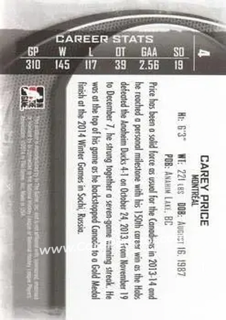2013-14 In The Game Between the Pipes #4 - Carey Price - Montreal Canadiens - Back