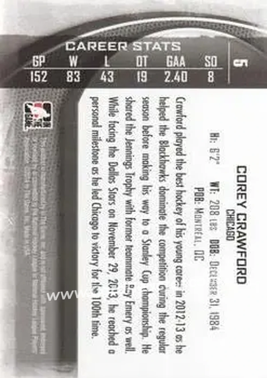 2013-14 In The Game Between the Pipes #5 - Corey Crawford - Chicago Blackhawks - Back 2013-14 In The Game Between the Pipes #5 - Corey Crawford - Chicago Blackhawks - Back