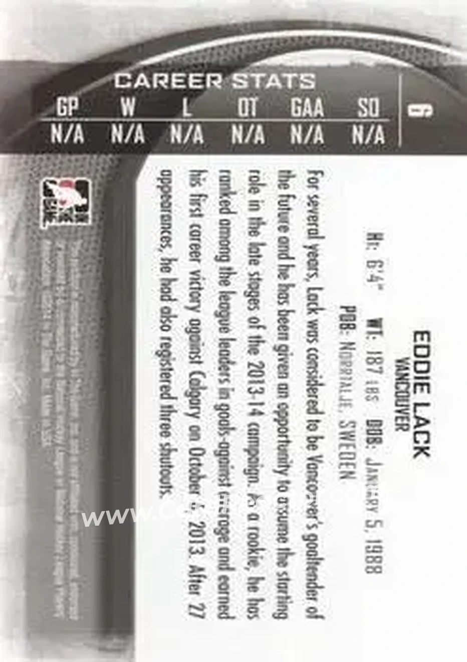 2013-14 In The Game Between the Pipes #6 - Eddie Lack - Vancouver Canucks - Back